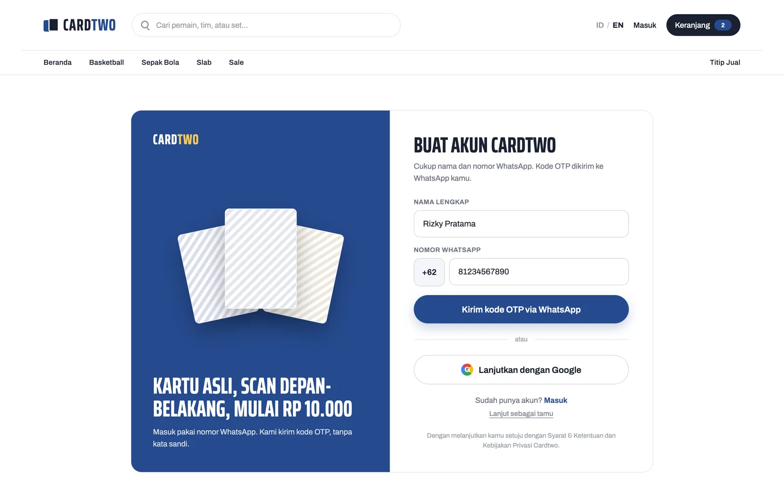Cardtwo — Create account (web)