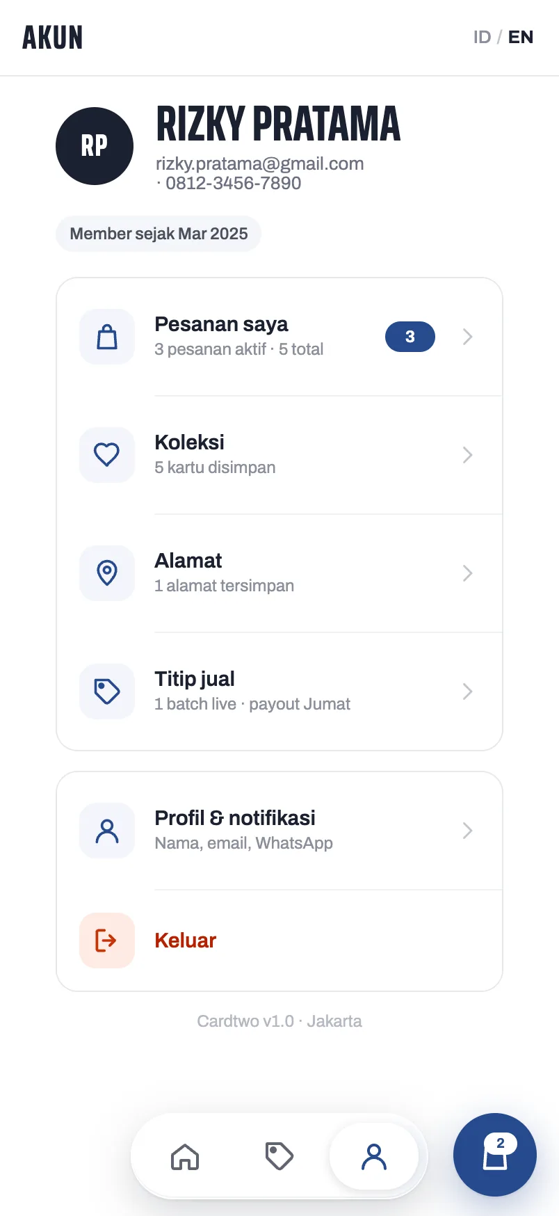 Cardtwo — Account (mobile)