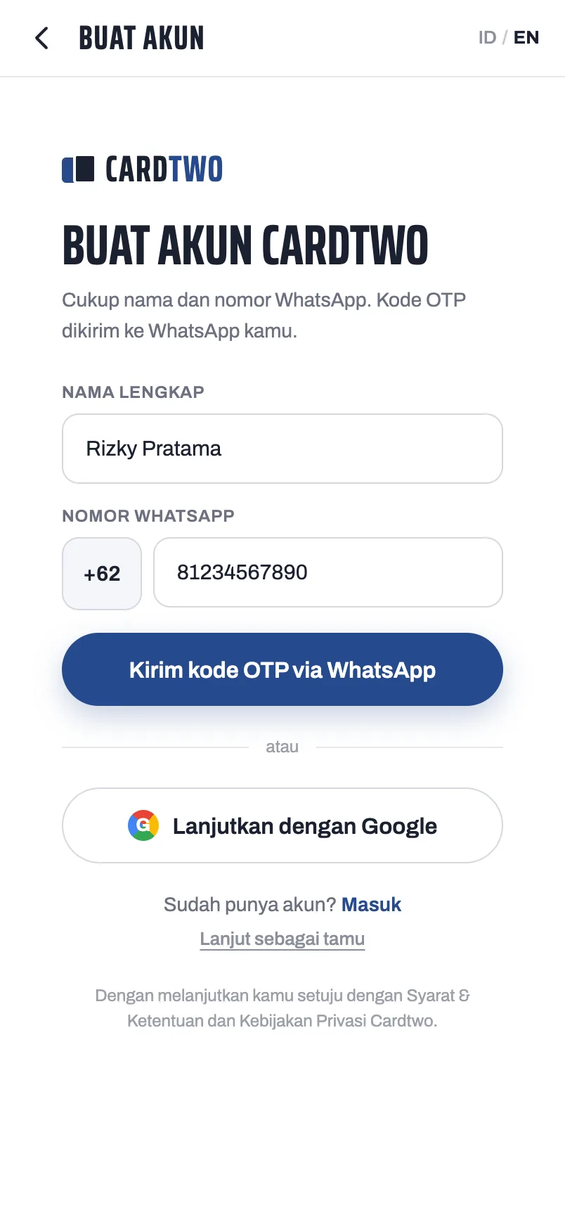 Cardtwo — Create account (mobile)