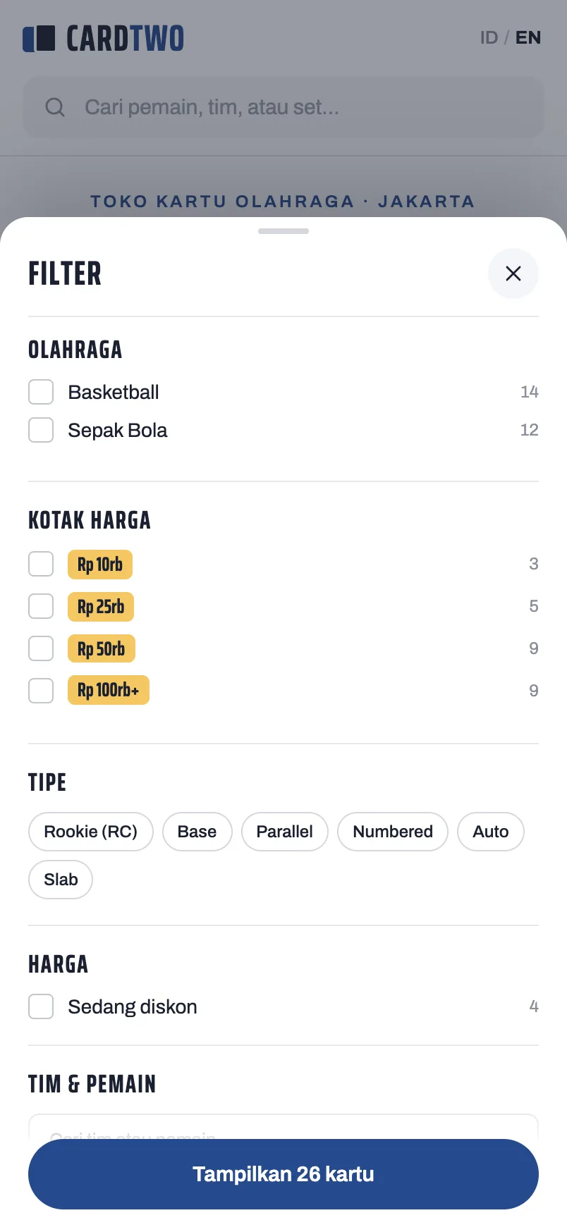 Cardtwo — Filter sheet (mobile)
