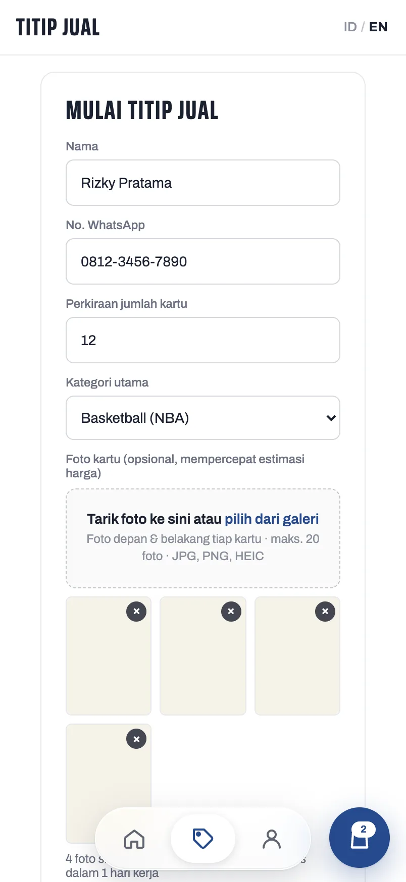 Cardtwo — Consignment form (mobile)