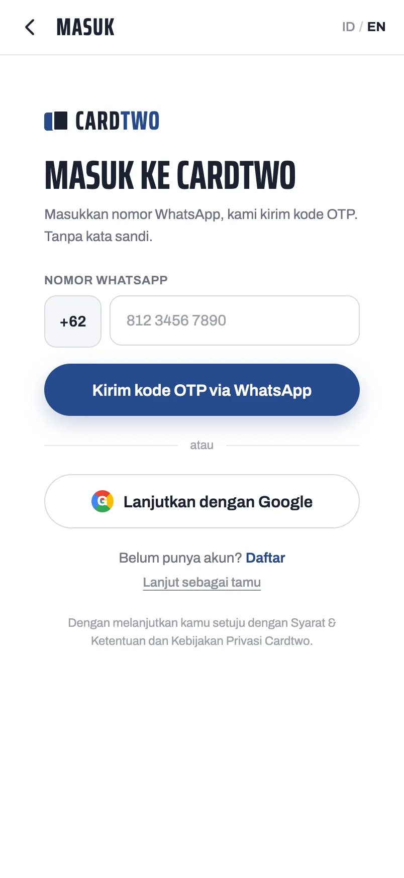 Cardtwo — Sign in (mobile)